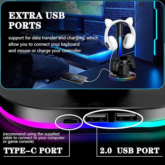 PS4 Controller Charger with RGB Headphone Stand, JDGPOKOO PS4 Controller Charger Dock Station with 2 USB Charging Ports, Headset Stand for PlayStation 4 Charging Station, Black - Image 4