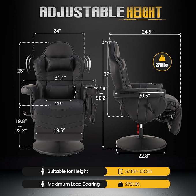 Massage Gaming Recliner Chair with Cup Holder & Side Pockets – Ergonomic PU Leather Video Gaming Chair with Footrest, Manual Recline, Headrest & Lumbar Support for Office or Game Room (Black) - Image 2