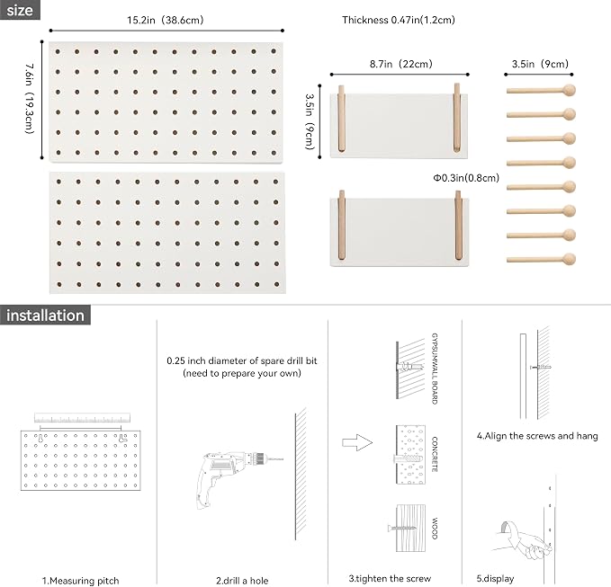 Wooden Pegboard Accessories Set: Modular Wall Hooks & Shelf for Garage, Office & Home Organization(White Colored Finish-B) - Image 5