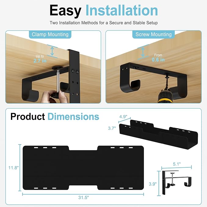 No-Drill Under Standing Desk Cable Management,31.5" L,Black - Image 5