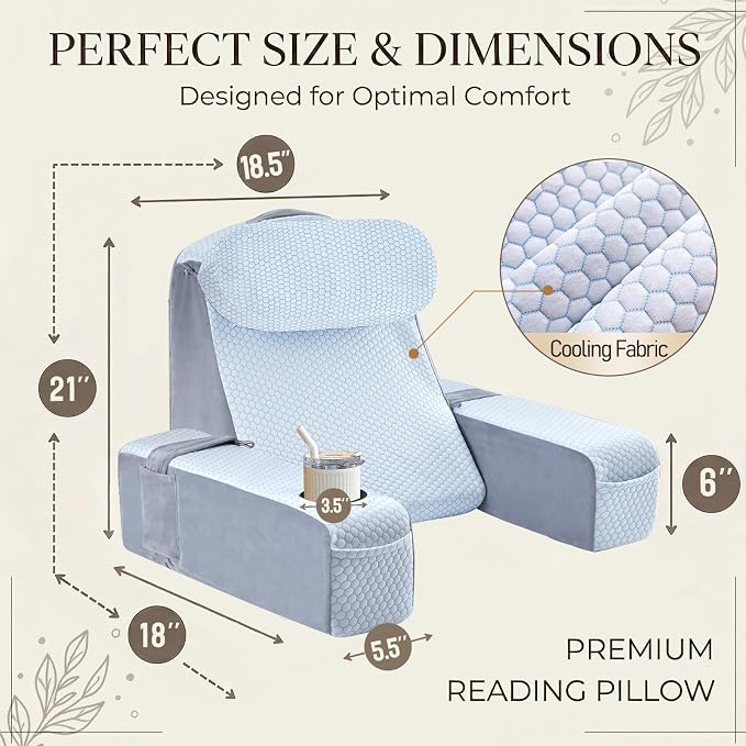 Reading Pillow for Adults, Back Pillow for Bed Sitting Up, Backrest Pillow for Sitting in Bed, Detachable Arms with Built-in Cup & Phone Caddy (White Cooling - Polka, 21 INCH) - Image 6