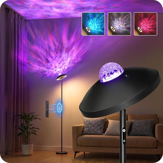 LED Floor Lamp with RGB Galaxy Projector, 18W Double Sided Corner Light Rotatable, Dimmable Standing Lamp with Remote, Black Modern Lamp for Living Room, Bedroom, Kids Room, Gaming B14LD05 by GOEBLESON