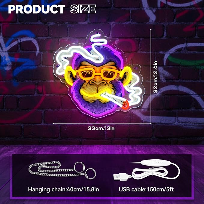 Cool Monkey Neon Sign, Smoking Monkey Led Sign for Wall Decor, Usb Powered Adjustable Brightness Anime Monkey Led Light for Bedroom Bar Pub Game Room Party Man Cave Decor, Unique Gift - Image 2