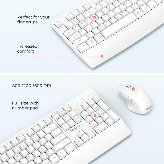 MEETION White Wireless Keyboard and Mouse Combo, Full-Size with Wrist Rest - Image 3