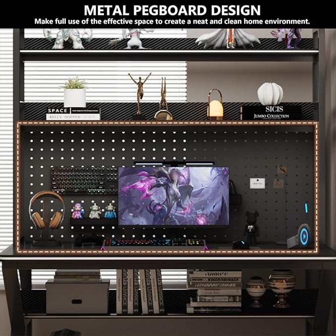 Computer Desk with Pegboard & Storage Shelves, Industrial Gaming Desk PC Desk Multifunctional Workstation for Home Office(120CM, Walnut) - Image 3