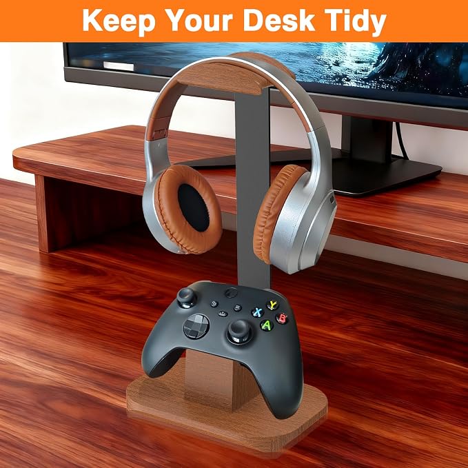 Walnut Headphone and Controller Stand, Desk Gaming Equipment Wooden Headset Controller Holder, Earphone Hook for Game Room Desktop PC Accessories, Gamer Gifts - Image 7