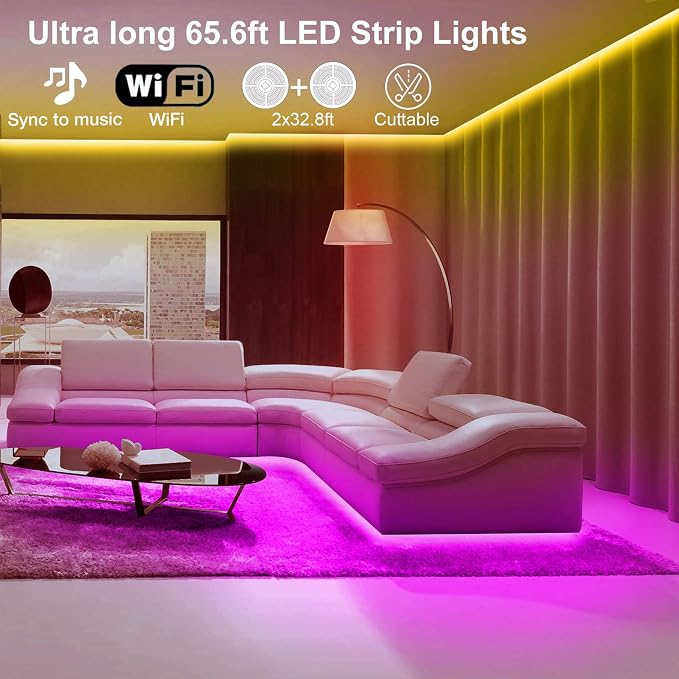 VOLIVO 65.6 FT WiFi LED Strip Lights,LED Light Strip Compatible with Alexa and Google Home,App/Remote/Voice Controlled Music Sync Color Changing Lighting for Bedroom Kitchen,Party,TV - Image 2