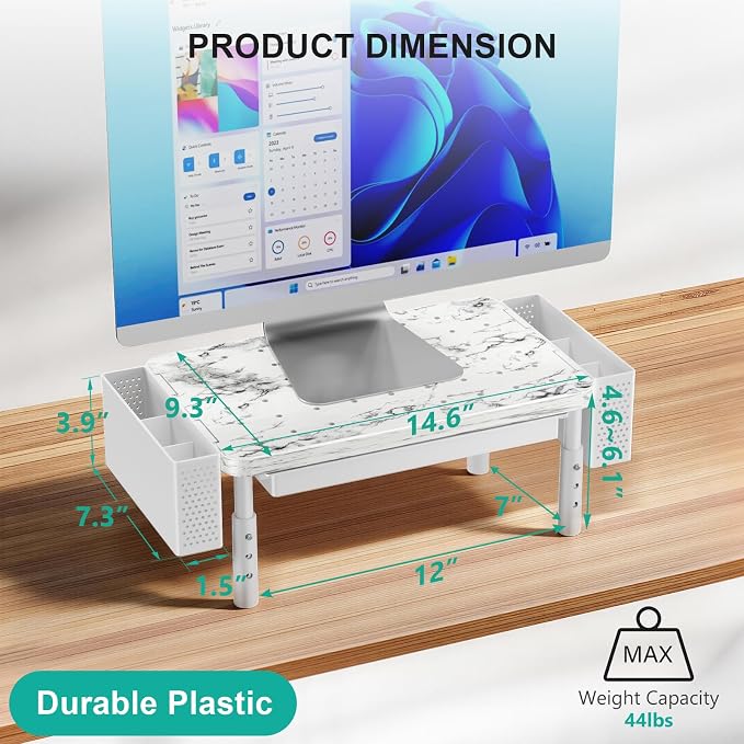 WALI Computer Monitor Stand with Storage and Pen Holder | 3 Height Adjustable Desk Organizer with Drawer, Desk Laptop Monitor Riser for Computer, Printer(PTT003-M), 1 Pack, Marble - Image 2