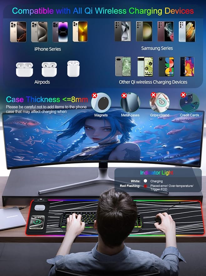 XXL Mouse Pad with Phone Holder - Black, RGB Desk Mat with 15W Fast Charging, LED Gaming Mousepad with 11 Light Colors, Waterproof Non-Slip Pad for Office & Home (Wave) - Image 3