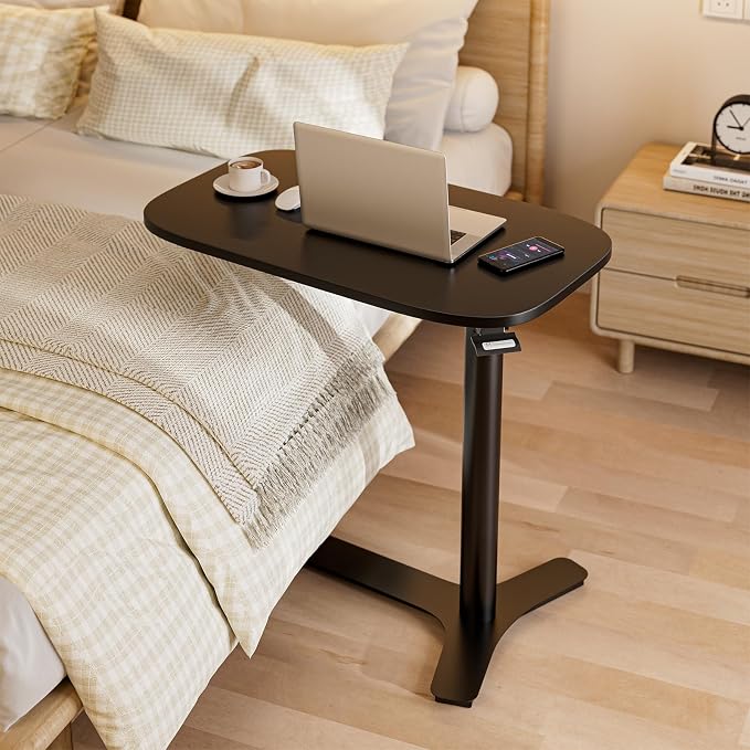 Muvai Overbed Bedside Table with Hidden Casters,30 Inches Adjustable Height Pneumatic Mobile Laptop Standing Desk, Rolling Computer Table for Home & Hospital Use ，Black 30" W x 17.7" D - Image 2