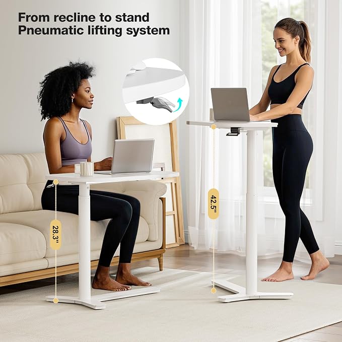 Muvai Overbed Bedside Table with Hidden Casters,30 Inches Adjustable Height Pneumatic Mobile Laptop Standing Desk, Rolling Computer Table for Home & Hospital Use ，White 30" W x 17.7" D - Image 7