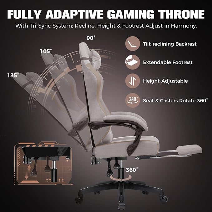 GTPLAYER Gaming Chair, Ergonomic Computer Chair with Footrest and Lumbar Support, High Back Recliner Chair 350lbs, Height Adjustable for Home Office, Light Brown - Image 5