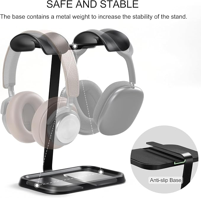 Dual Headphone Stand, Double Balanced Headset Stand with Storage Tray, Heavy Base Gaming Headset Holder for Desk (Black) - Image 3