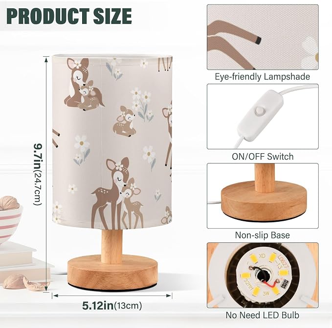 Bedside Table Lamp Woodland Animals Nightstand Lamp with Wood Forest Deer Floral Pink Desk Lamps for Bedroom Living Room Nursery Office Home Decor - Image 3
