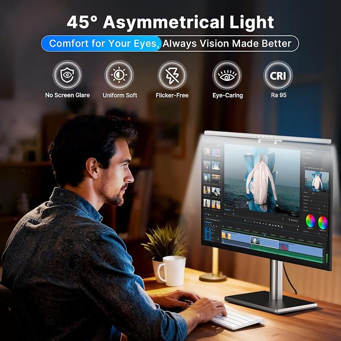 Syrinx Monitor Light Bar for Home Office & Gaming, Eye-Caring Computer Monitor Lamp, No Glare Screen Light, CRI95+, Stepless Brightness & Color Temp Adjustment, USB Powered, for Flat & Curved Monitors - Image 2