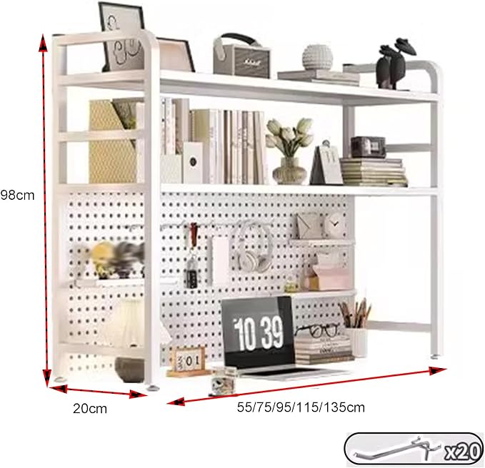 Peg Board, 2 Tier I Ndustrial Style Desktop Bookshelf， Pegboard Monitor Shelf, with 20 Hooks Modular Pegboard Shelf System for Home Office(Black,135x20x98cm) - Image 2
