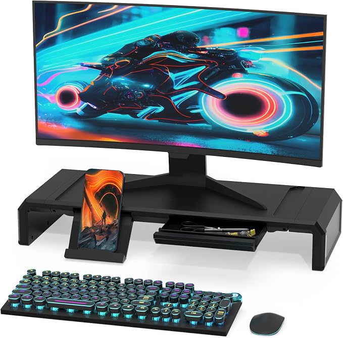 Heymaster Monitor Stand Riser with Drawer, Foldable & Adjustable Length Computer Stand with Phone & Tablet Holder, Space Saving Desk Organizer Shelf for Home Office, Laptop, Desktop by Heymaster