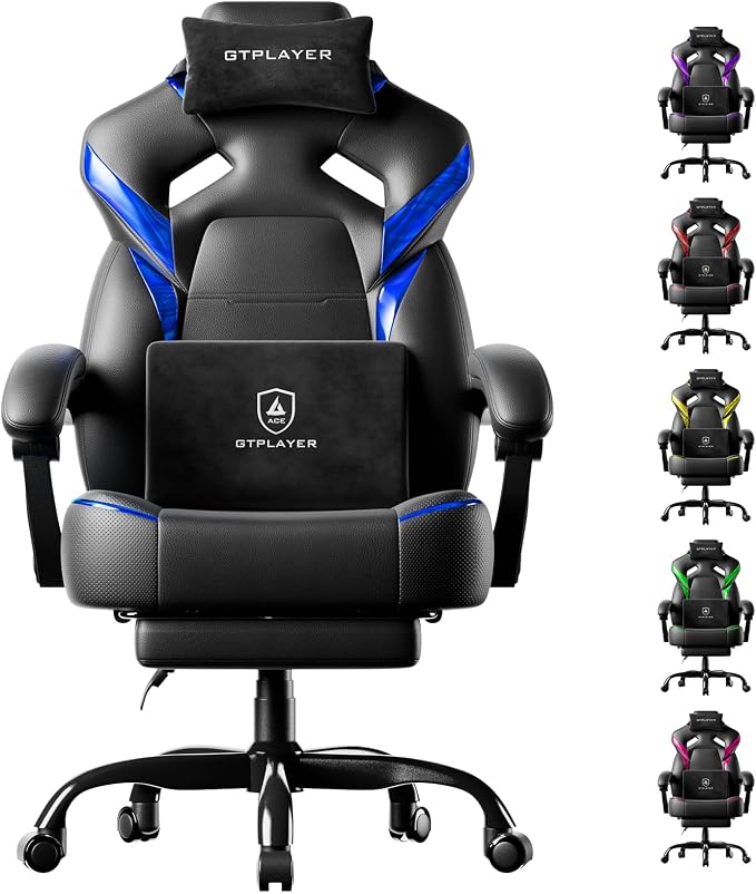 GTPLAYER Big and Tall Gaming Chair for Adults, Ergonomic Office Chair with Footrest, Heavy Duty 350 lbs Capacity, High Back, Premium Leather & Iridescent Trim, ACE-Armor, Black & Blue by GTPLAYER