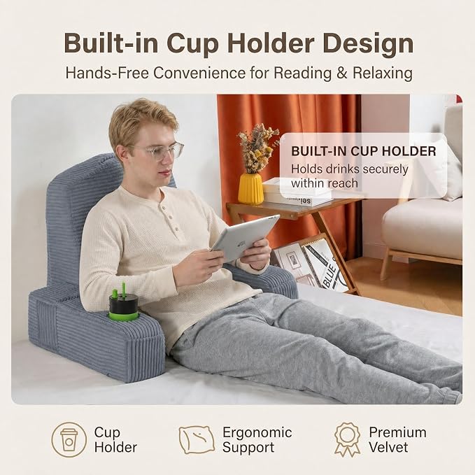 Reading Pillow for Adults, Back Pillow for Bed Sitting Up, Backrest Pillow for Sitting in Bed, Detachable Arms with Built-in Cup & Phone Caddy (Dark Gray-Corduroy, 21 INCH) - Image 4