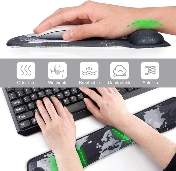 ToLuLu Keyboard Wrist Rest Pad Ergonomic Mouse Pad Set, Mouse Pad for Computer Laptop, Non Slip Mousepad Keyboard Wrist Support with Raised Memory Foam for Easy Typing Pain Relief, Cool World Map - Image 4