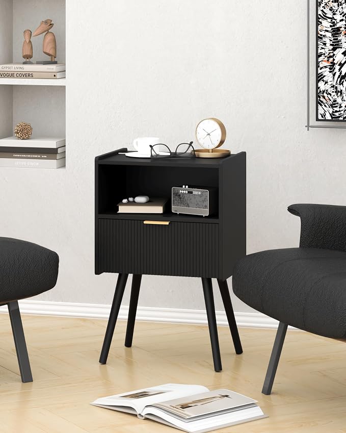 JOONEE Black Nightstand,Modern Bedside Table with Storage Drawer and Open Wood Shelf, for Living Room, Bedroom and Small Spaces, Accent Night Stand with Solid Wood Legs, Easy Assembly,Classic Black - Image 7