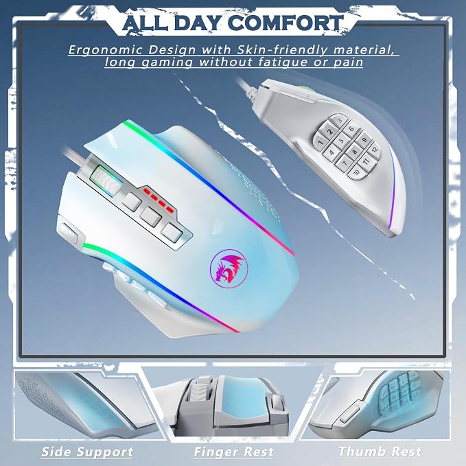 Redragon Gaming Mouse, MMO Gaming Mouse UP 12400 DPI, 19 Macro Programmable Buttons, RGB Mouse with 12 Side Buttons, 8 * 2.4g Weight Tuning for PC Laptop MOBA FPS, White - Image 5