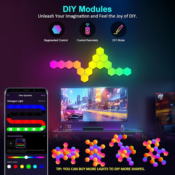 12-Pack Hexagon Light Panels – Smart RGB LED Wall Lights with App & Remote – Music Sync Gaming Lights for Room Decor, Birthday & Party Gifts for Boys, Teens, Men, Boyfriends, and Kids - Image 2