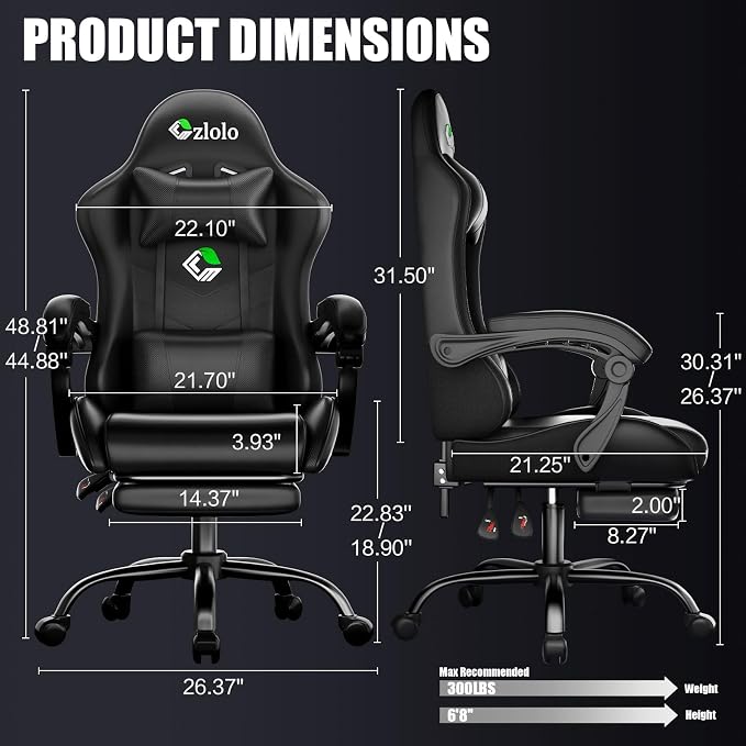 Czlolo Gaming Chair with Footrest Racing Style Lumbar Support Massager Video Game Chair with Metal Legs, High Back Gamer Chair with Headrest, 360° Swivel Office Computer Desk Chair (Black) - Image 3