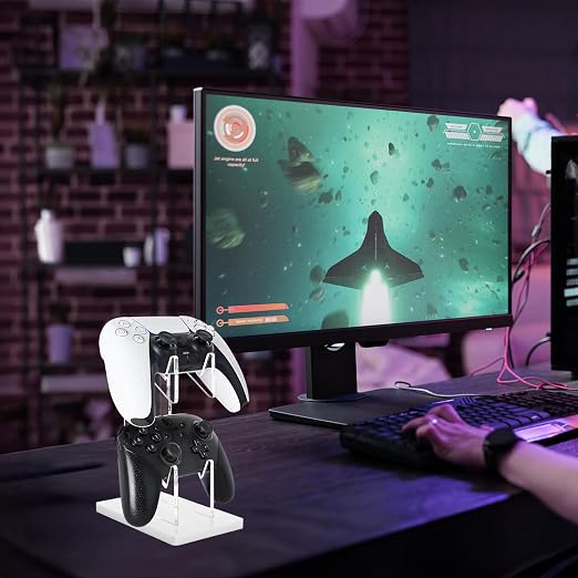 FYY Game Controller Holder 2 Tiers - Universal Dual Controller Stand with Headphone Holder, Acrylic White Display Stand Compatible with Nintendo Switch Xbox PS5 PS4, Desk Mount - Image 2