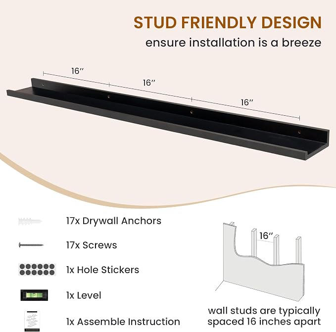Picture Ledge Shelf, Floating Shelves for Wall Decor, Black, Set of 6, 55'' - Image 5