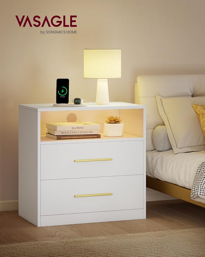 VASAGLE 23.6 Nightstands, LED Lights, Charging Station, 2 Drawers - Image 2