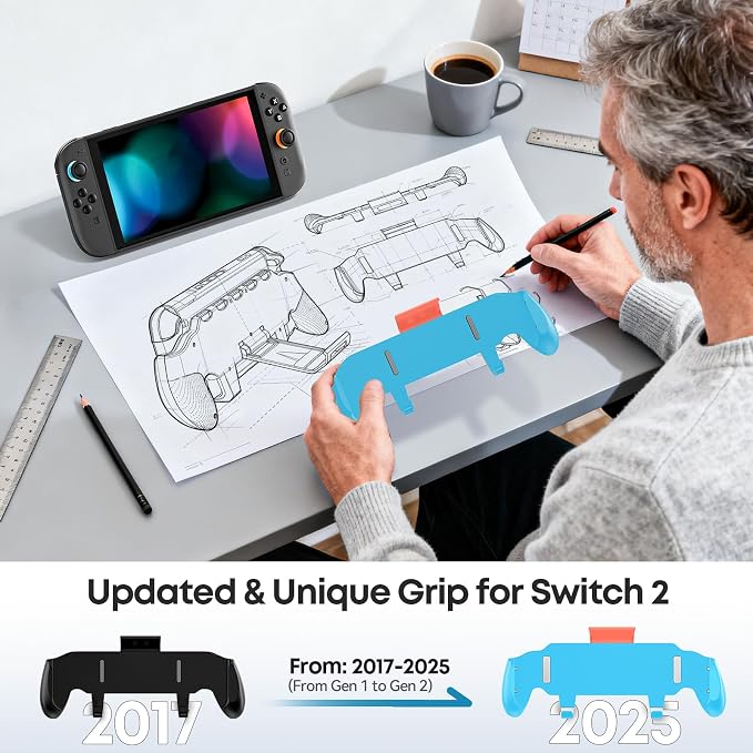 OIVO Grip Compatible with Nintendo Switch 2, Switch 2 Ergonomic Grip Case with Adjustable Stand, Comfort Game Accessories with 5 Game Card Slots and 4 Thumb Caps, Blue Orange - Image 5