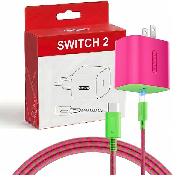 TPC 60W Charger for Nintendo Switch 2, 20V 3A AC Adapter Fast Charging with 6.6FT Braided USB-C Cord, Compatible with Switch 1, Lite, OLED, Steam Deck, Support 4K TV Mode (Magenta & Green) by TPC