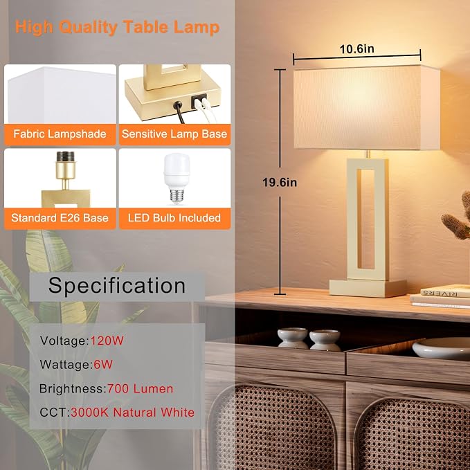 Seealle Nightstand Table Lamps for Bedrooms Set of 2 - Touch Bedside Lamp with USB C+A, 3 Way Dimmable Living Room Lamps for End Tables Set of 2(White&Gold) - Image 7
