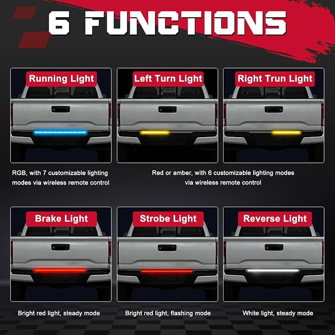 OFFROADTOWN 37inch RGB Tailgate Silicone Flex LED Light Bar 324 LED 3rd Brake/Stop/Turn/Reverse/Strobe Tail Light Custom Driving Light with Wireless Remote Control for Pickup Truck SUV RV Trailer(1PC) - Image 3