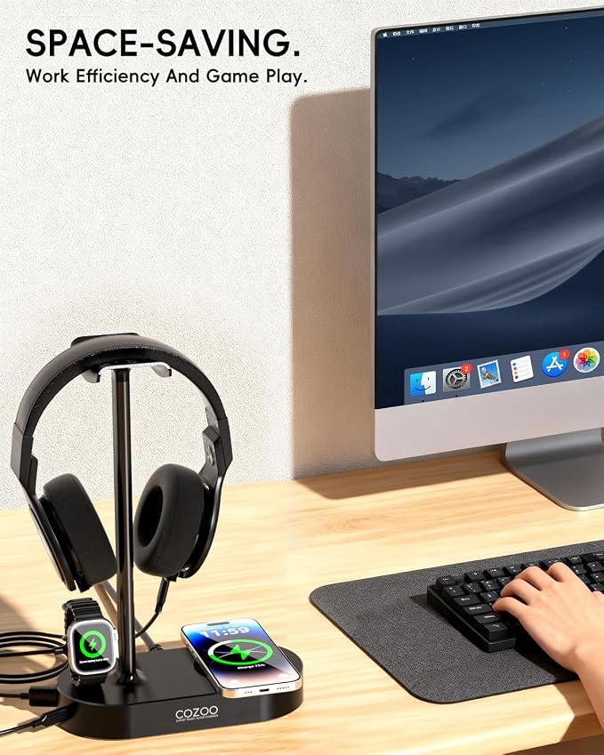 COZOO Headphone Stand with Fast Wireless Charging Pad and 2 USB Charging Ports, Suitable for Gaming, DJ, Wireless Earphone Accessories - Image 6