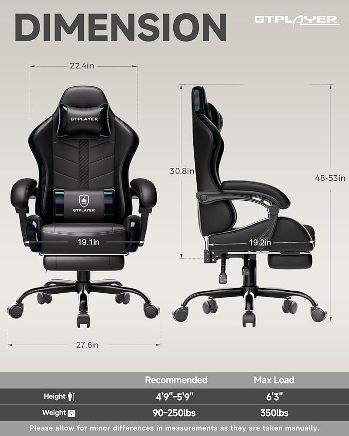 GTPLAYER Gaming Chair, Computer Game Chair for Adults, Iridescent Black | Ergonomic Comfort Video Game Chair with Footrest 90-155°Recline, Head Lumbar Support & Height Adjustable for Office Gaming - Image 3