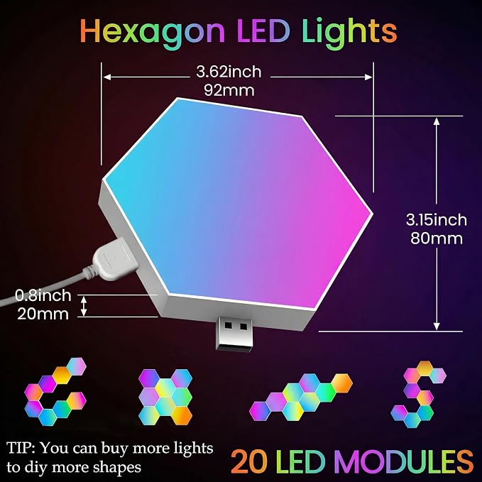 NIUCOO 20 Pack Hexagon LED Light Wall Panels – RGB Smart Gaming Light with App, Remote and Music Sync, Modular Gaming Wall Decor for Bedroom, Game and Living Room - Image 2