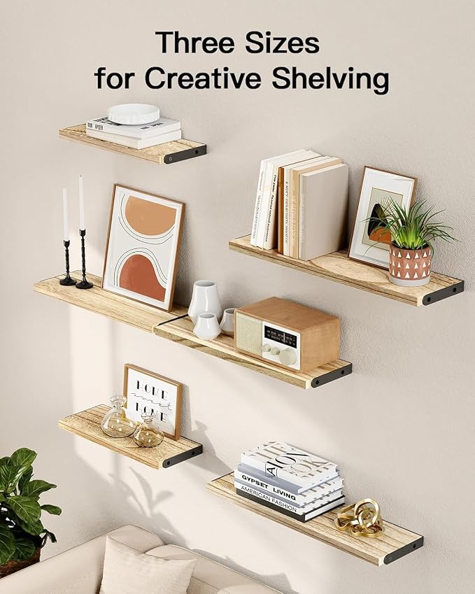 Amada Solid Paulownia Wood Wall Shelves, Medium Size, 6 Pcs, Natural Wood - Image 7