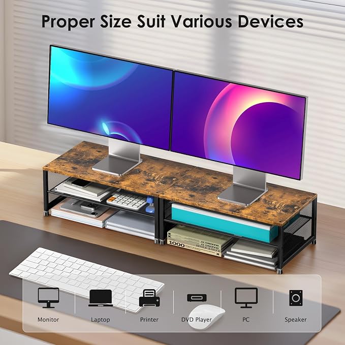 ECOLOVI 2-Tier Computer Monitor Stand Riser, Printer & Laptop Stand, Office Desk Accessories, Workspace Desk Organizer for Home Office Supplies, Brown - Image 4