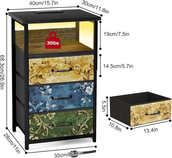 Fixwal Night Stand with 3 Fabric Drawers, Nightstand with Charging Station - Image 3