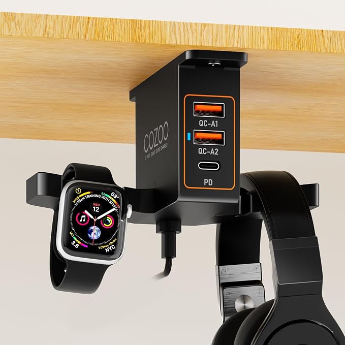 cozoo Desk Headphone Holder Hook Headset Watch Cable Bag Storage Black | 2 USB-A & 1 Type-C Ports; Holds Headphones,Watches, Cables, Various Bags,Multifunctional Desk Storage Hook for Gaming Office by COZOO