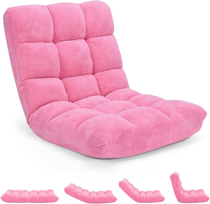 14-Position Floor Sofa, Folding Gaming Sofa Chair, Comfy Cushions & Study Steel Frame, Angle Adjustable Sleeper Bed, Couch Recliner (Pink) by Giantex