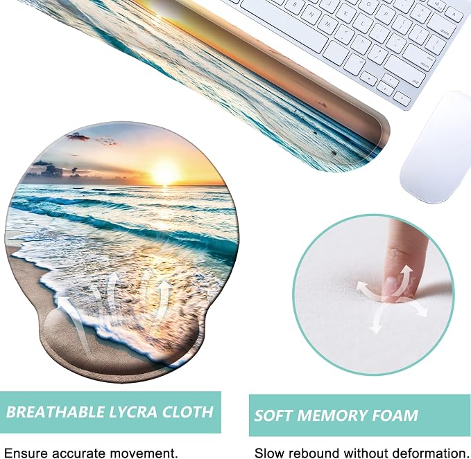 Keyboard Wrist Rest Pad Mouse Pad with Wrist Support Set of 3, Mousepad with Non-Slip Rubber Base, Ergonomic Memory Foam Mouse Wrist Cushion Support for Home Office Laptop Computer Gaming, Beach - Image 3