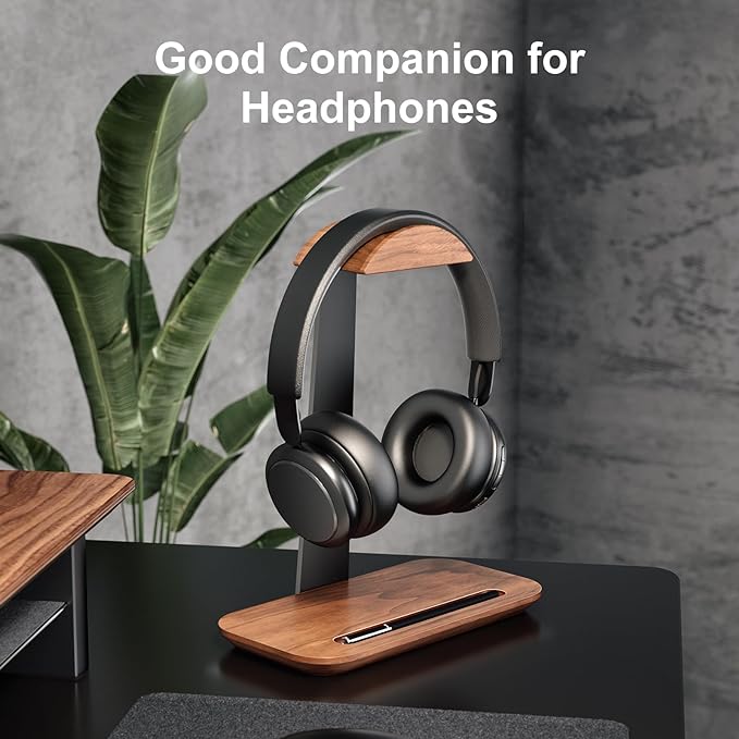 UPERGO Walnut Headphone Stand, Wood Headset Holder with Storage for Desk | Solid Walnut & Aluminum, Anti-Slip Base, Universal for Gaming Headsets & AirPods Max, Extra Storage Tray - Image 2