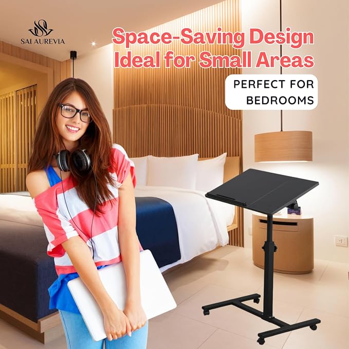 Rolling Laptop Desk with Wheels, Adjustable Height Bed Table for Sofa & Couch, Portable Mobile Workstation, Lockable Wheels, Compact Desk for Small Spaces, Home Office & Study - Image 7
