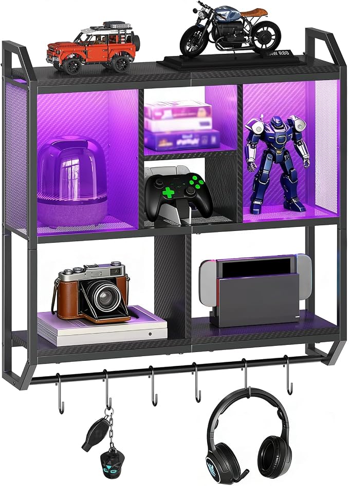 HOOBRO Gaming Floating Shelves with LED Lights, 28.7" LED Wall Mounted Shelf, 3-Tier Display Rack for Wall Storage, Floating Rack with Hanging Rod and 6 S-Hooks, for Gaming Room, Black BB70DBJ01 by HOOBRO