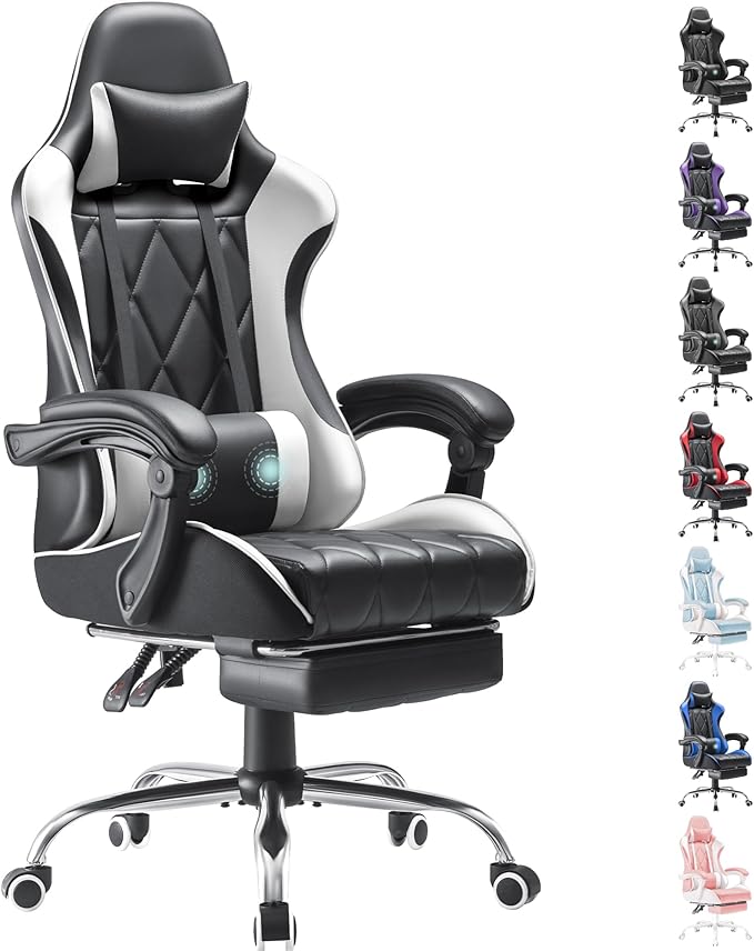 Homall Gaming Chair, Computer Chair with Footrest and Massage Lumbar Support, Ergonomic High Back Video Game Chair with Swivel Seat and Headrest (White) by Homall