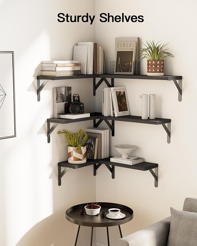 Amada Solid Paulownia Wood Wall Shelves, Medium Size, 6 Pcs, Black - Image 7