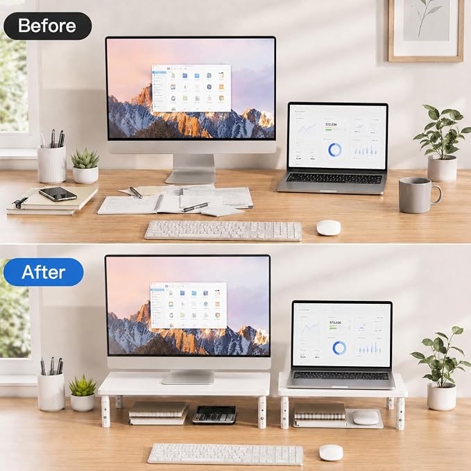 OPNICE Adjustable Monitor Stand Riser for Desk, Wood Computer & Laptop Stand, Desk Organizers and Accessories, Office Desk Accessories & Workspace Organizer for Home Office Supplies, White - Image 7